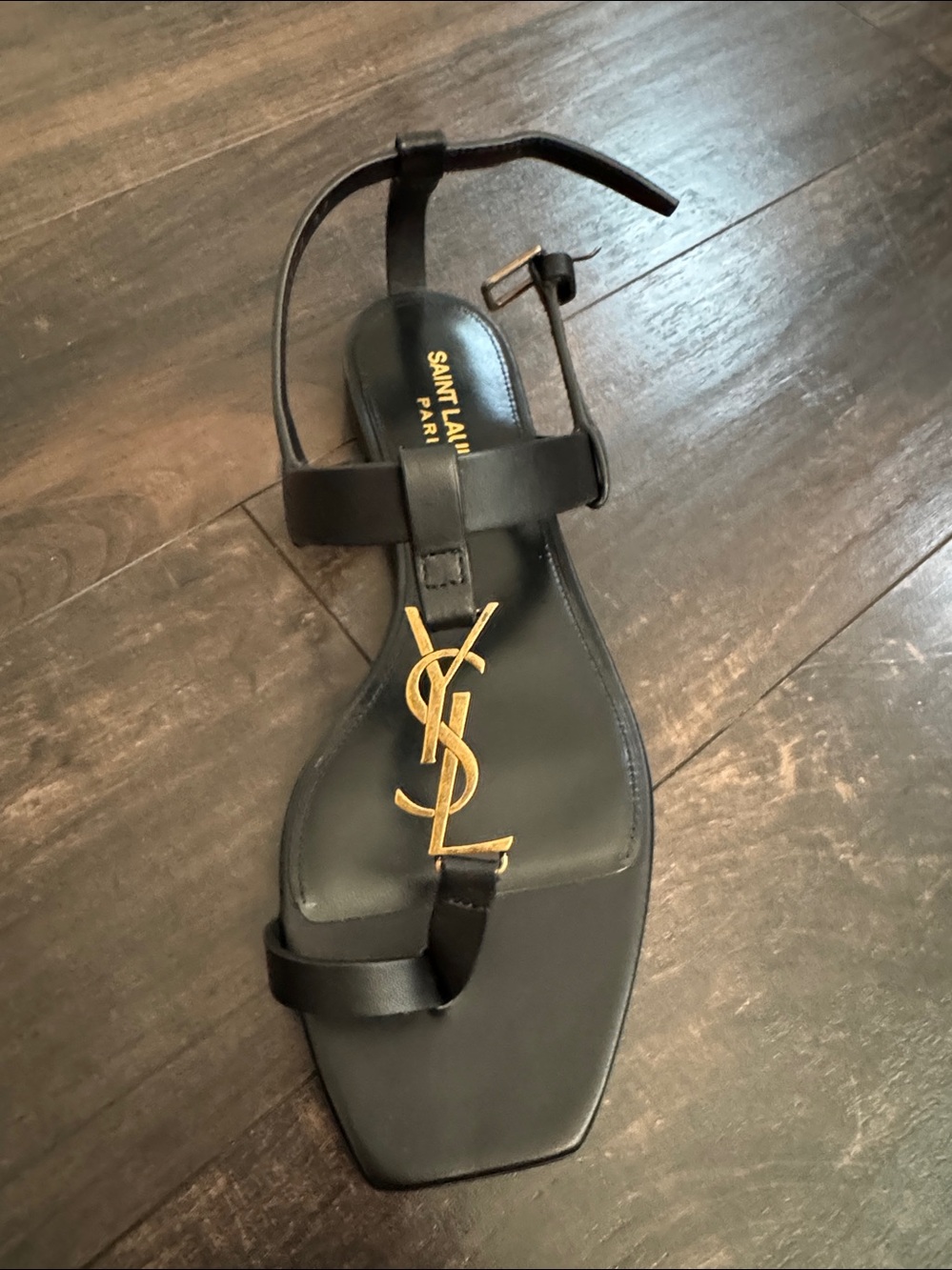 Saint Laurent Cassandra Women's Black Leather Sandals with Gold Logo
